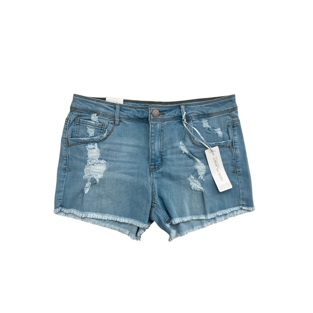 Nine Planet Womens Distressed Denim Y2K Shorts Light‎ Wash Frayed Hem Size L NEW